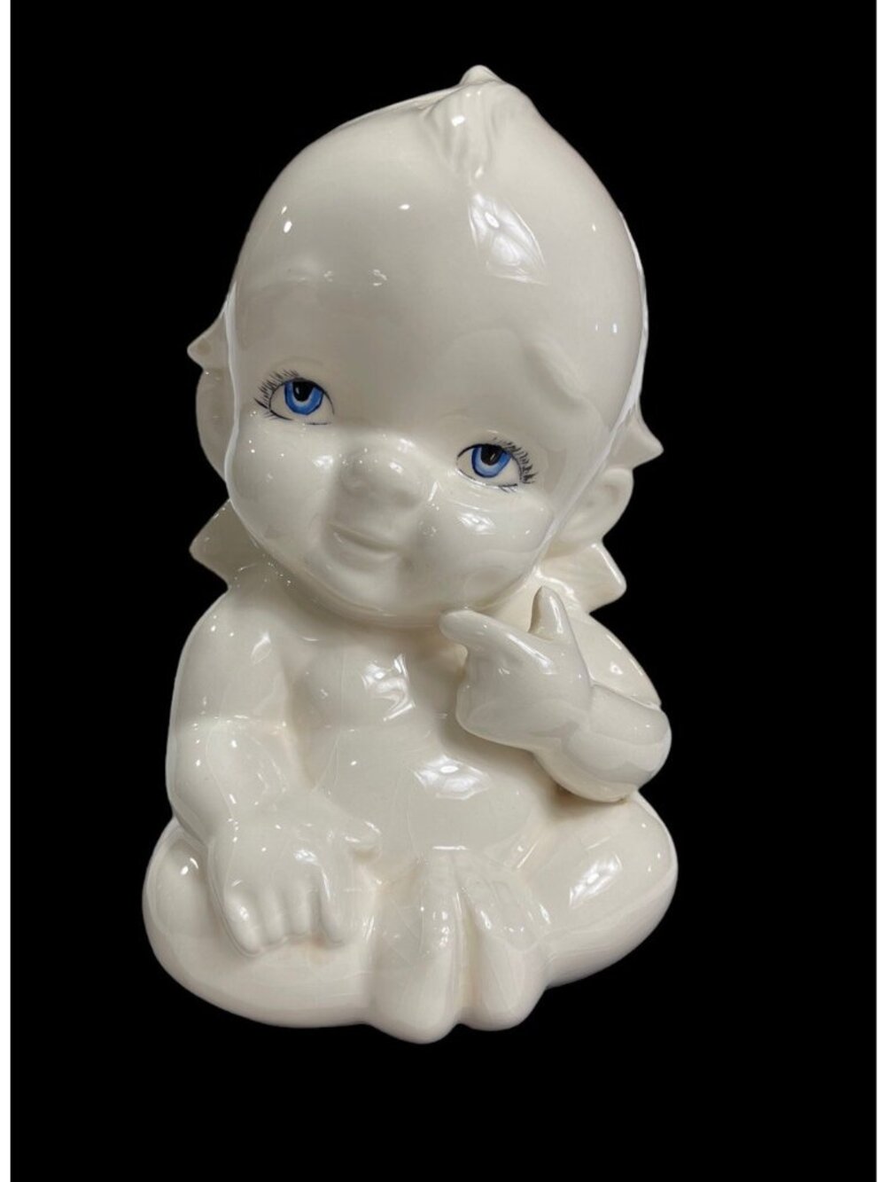 Vintage 1983 Kewpie Blue Eyes White Baby Doll Ceramic Coin Piggy Bank 6 1/2"